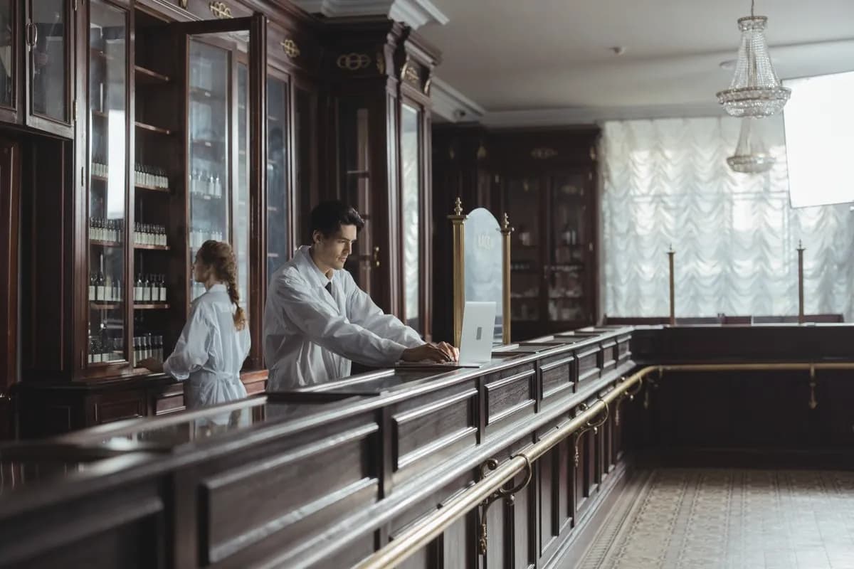 A pharmacist working at a dispensing counter